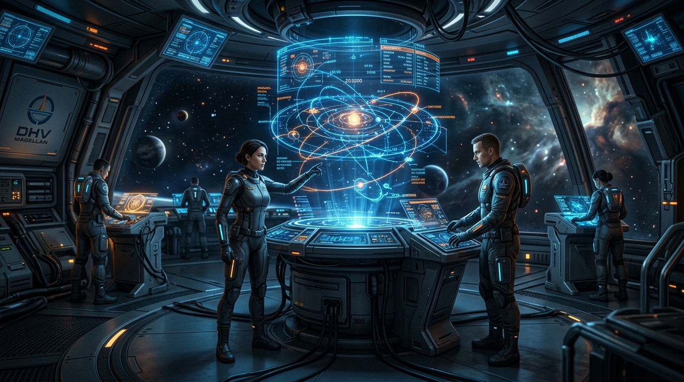 สะพานเรือสำรวจ DHV Magellan และระบบโฮโลกราฟิกแสดงเส้นทางใน Death Stranding 2